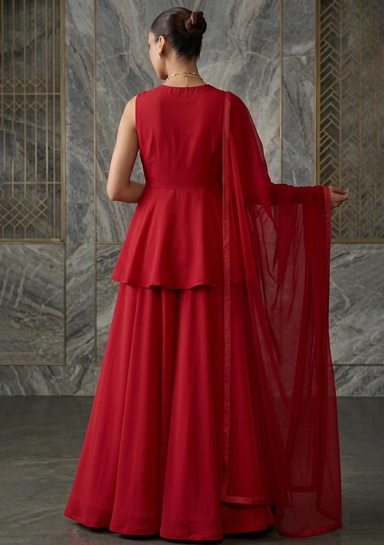 Red Hand Work Sleeveless Fusion Set - Indya