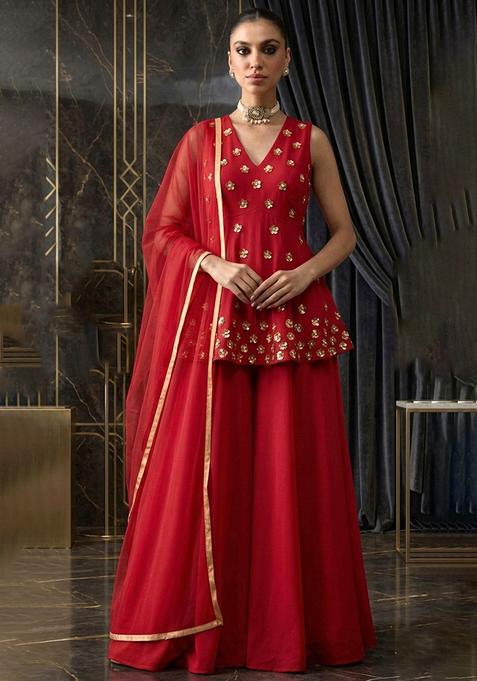 Red Hand Work Sleeveless Fusion Set