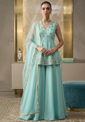 Light Blue Hand Work Sleeveless Fusion Set