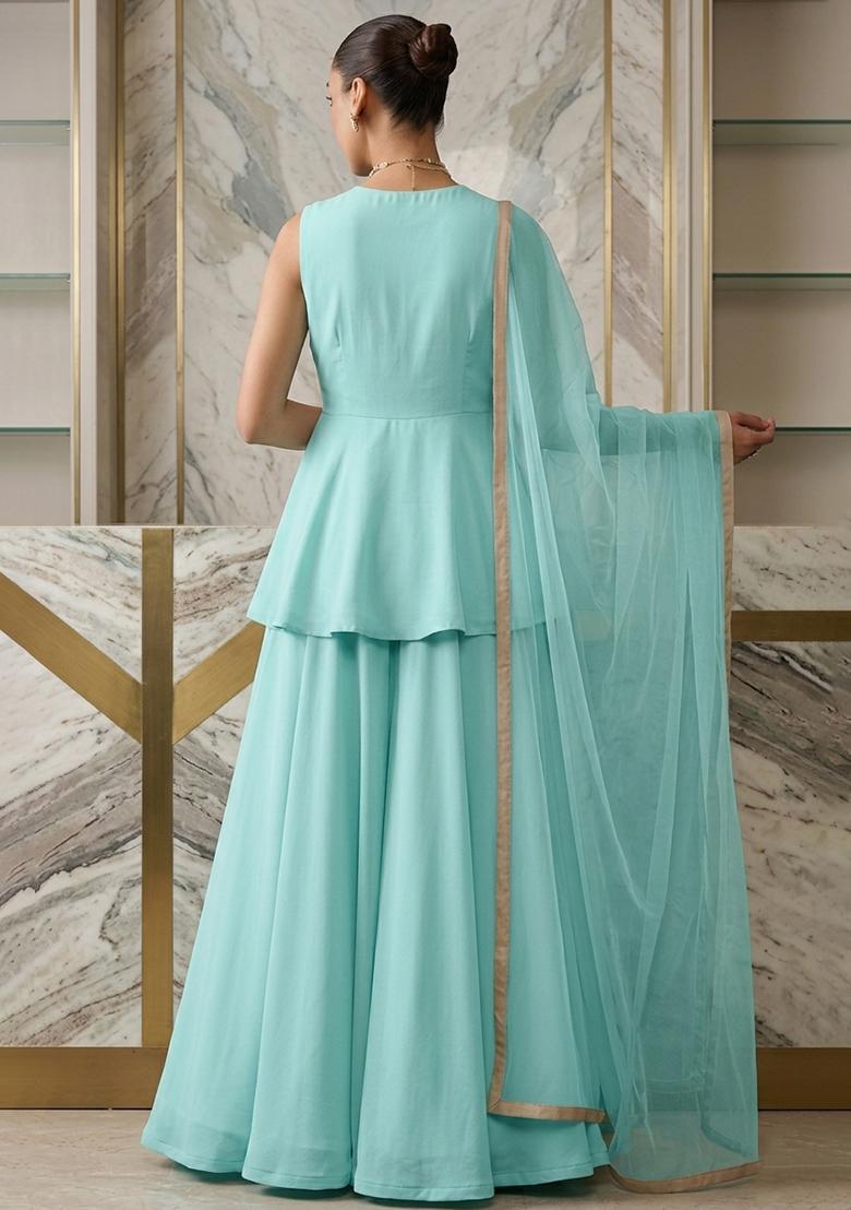 Light Blue Hand Work Sleeveless Fusion Set - Indya