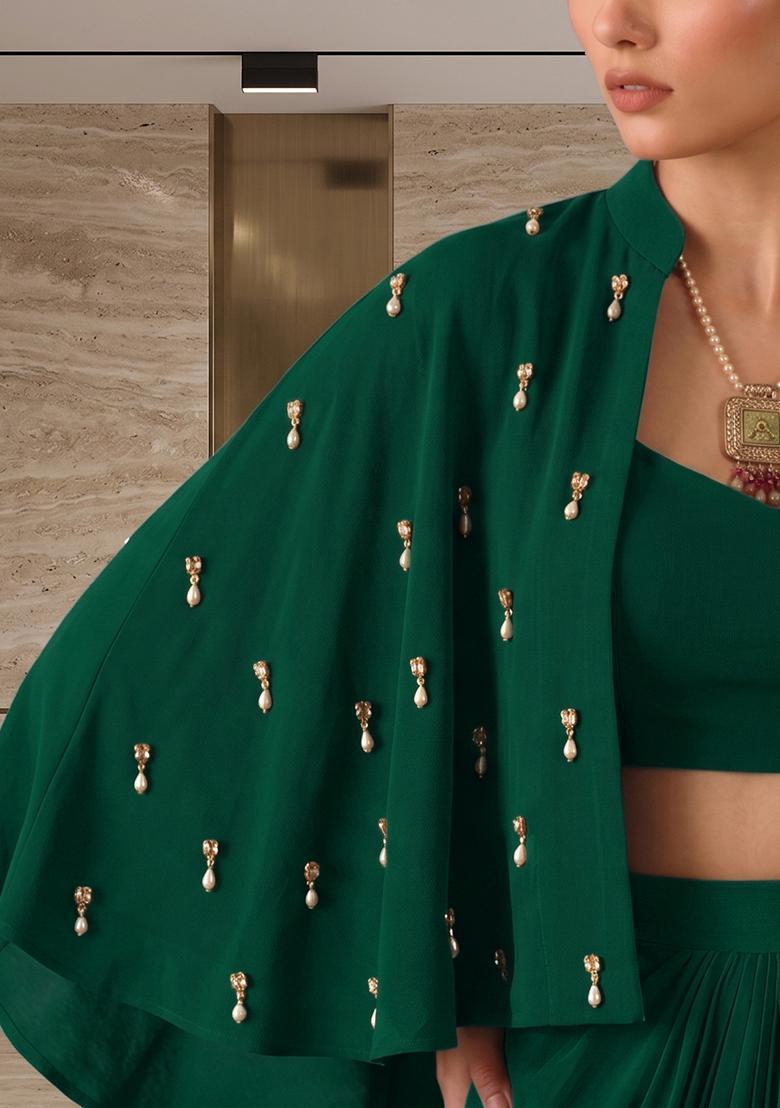 Dark Green Hand Work Strappy Fusion Set - Indya