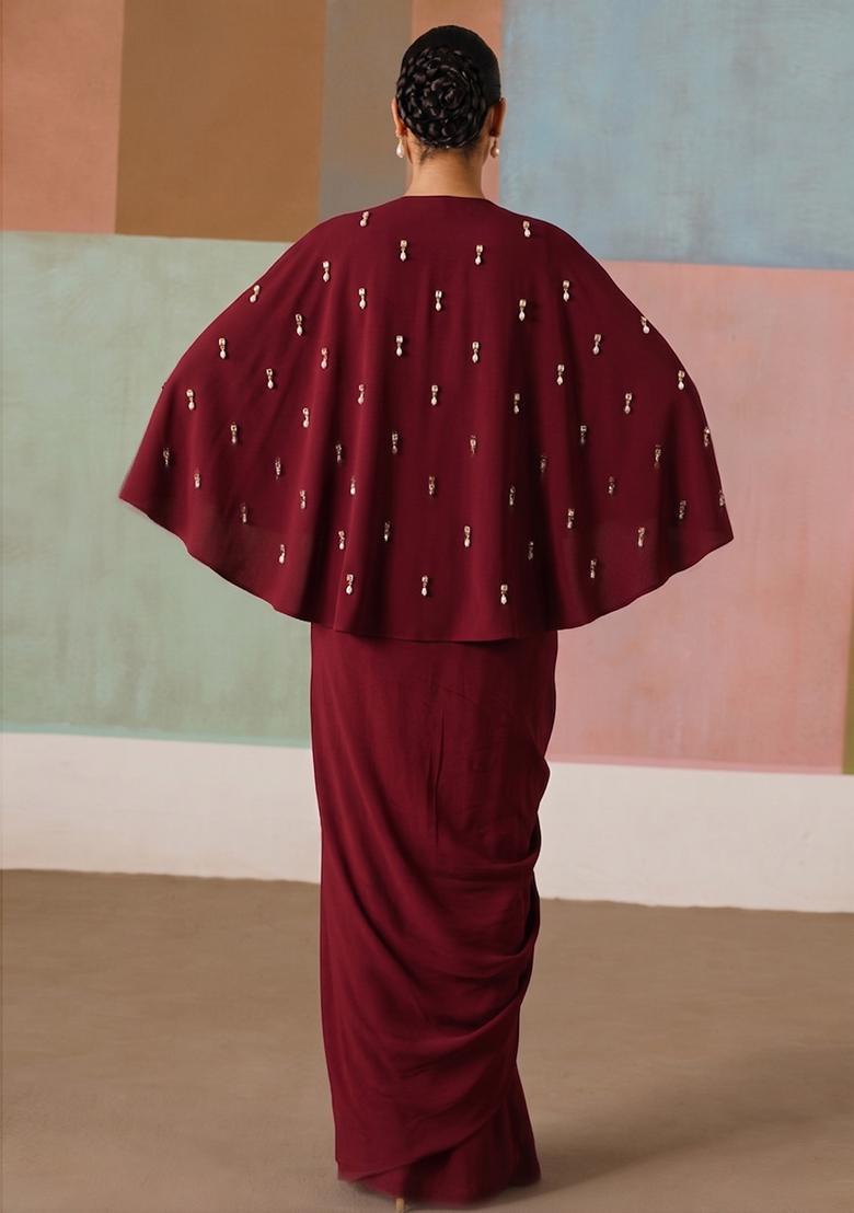 Maroon Hand Work Strappy Fusion Set - Indya