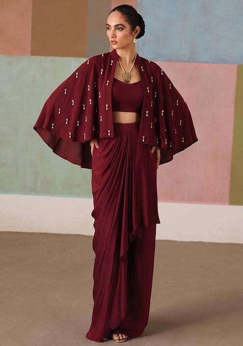 Maroon Hand Work Strappy Fusion Set