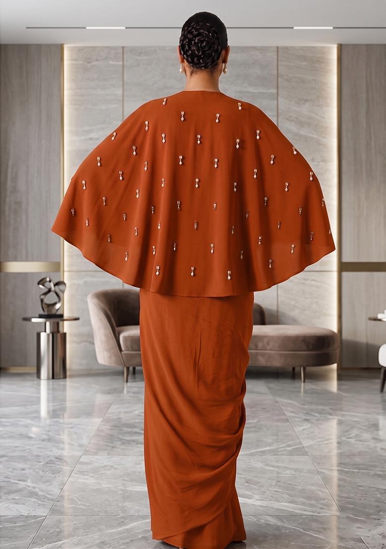 Rust Hand Work Strappy Fusion Set - Indya