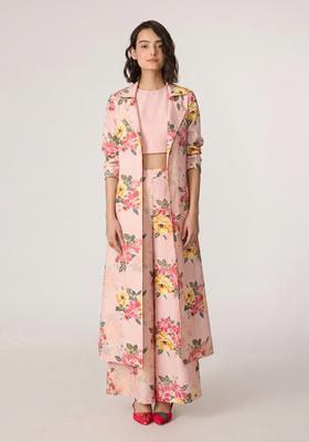 Peach Pink Printed Organza Fusion Set