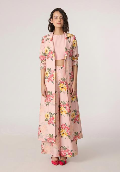 Peach Pink Printed Organza Fusion Set