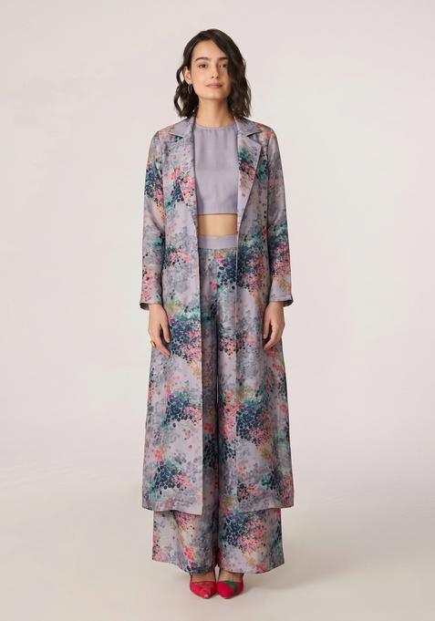 Grey Abstract Print Silk Blend Fusion Set