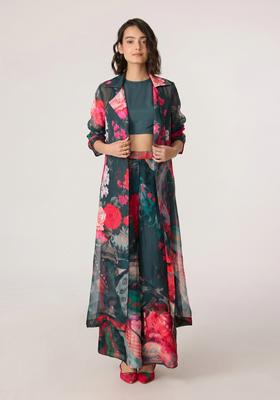 Bottle Green Printed Organza Fusion Set