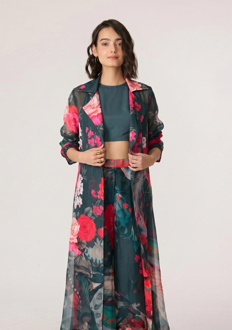 Bottle Green Printed Organza Fusion Set - Indya