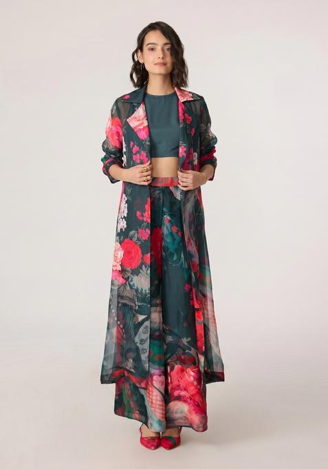 Bottle Green Printed Organza Fusion Set