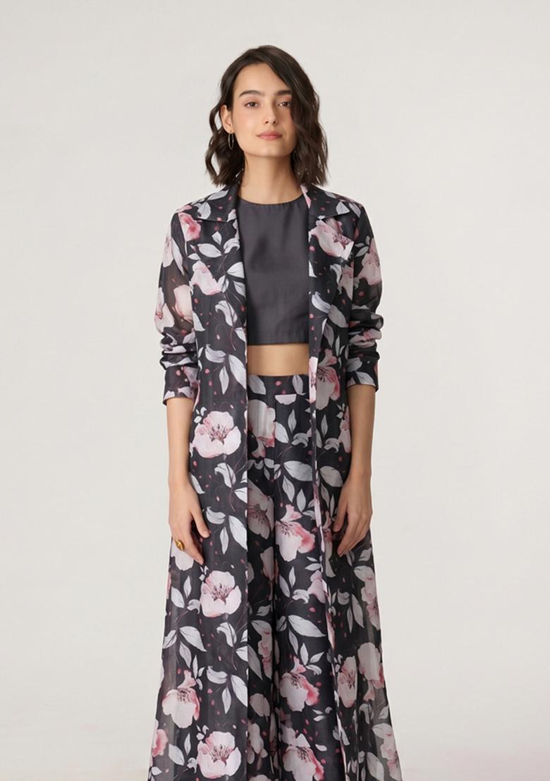 Black Printed Organza Fusion Set - Indya