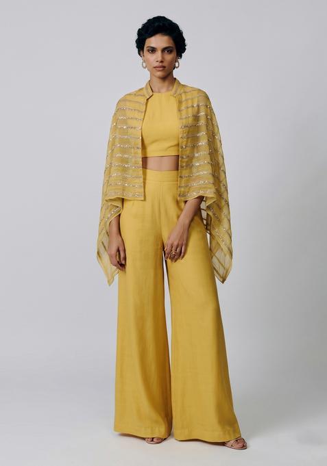 Mustard Sequin Silk Fusion Set