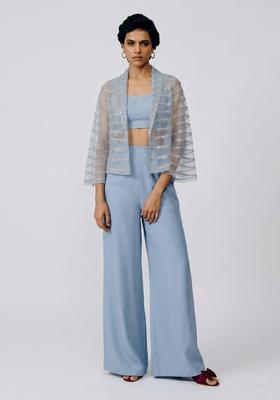 Sky Blue Sequin Silk Fusion Set