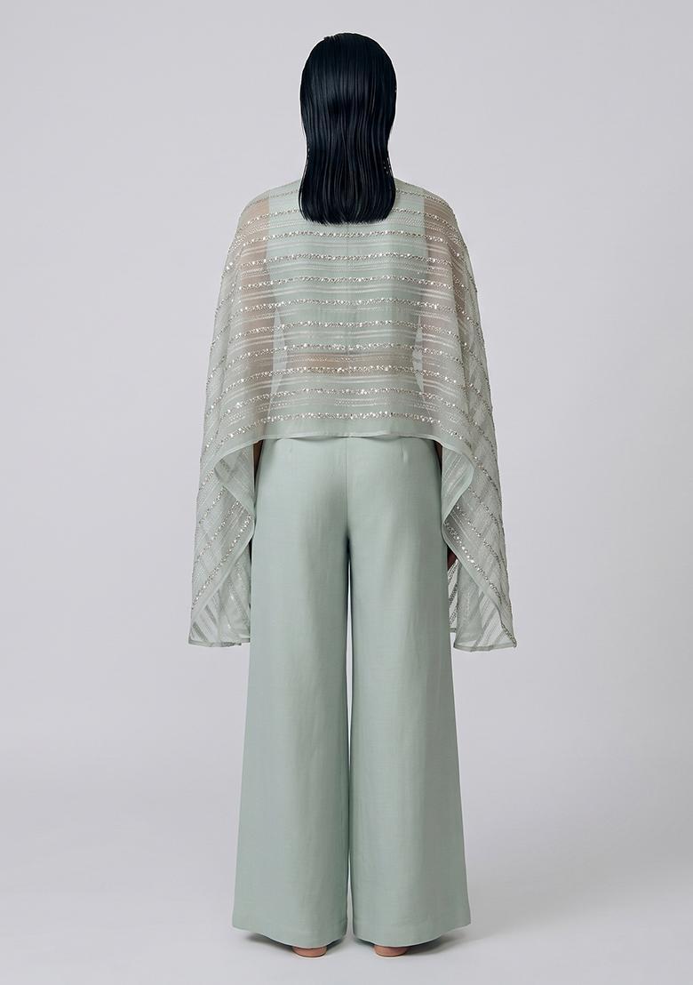 Mint Green Sequin Poly Blend Fusion Set - Indya