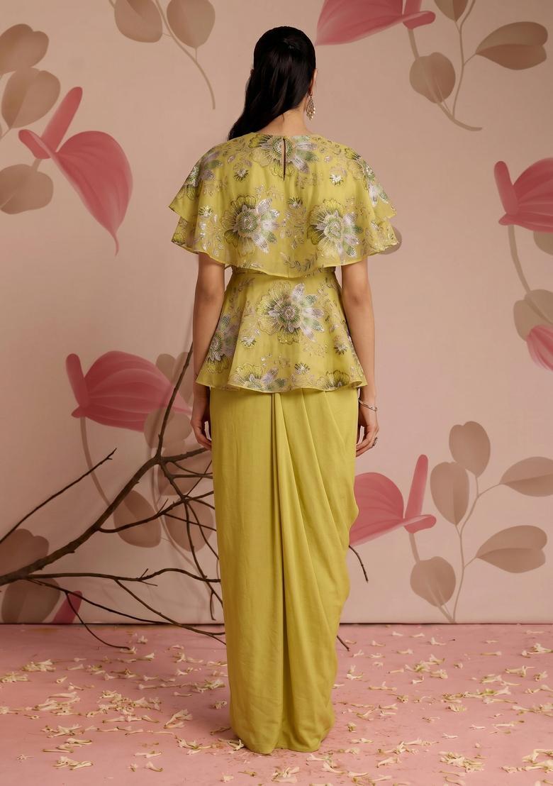 Mustard Embroidered Organza Fusion Set - Indya
