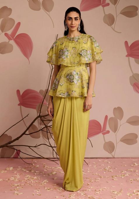 Mustard Embroidered Organza Fusion Set