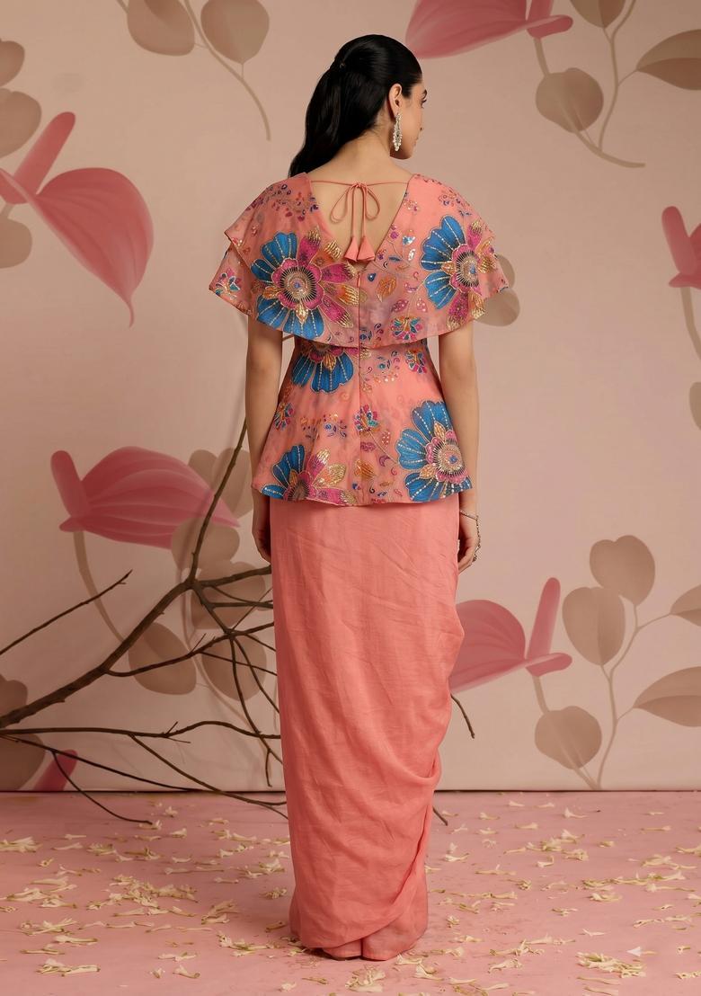Peach Pink Printed Organza Fusion Set - Indya