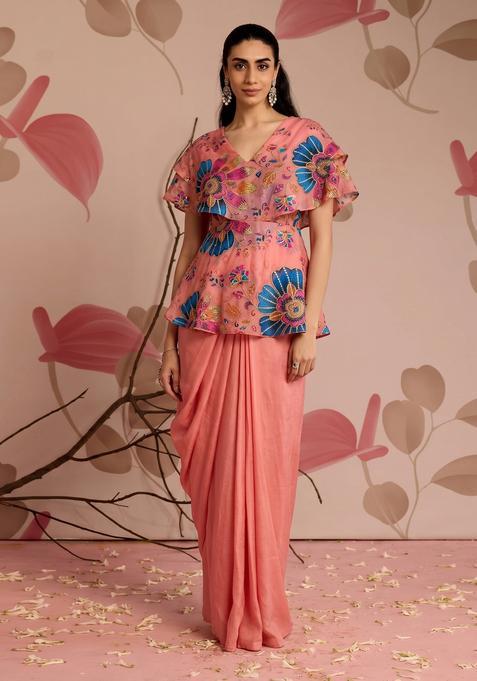 Peach Pink Floral Print Silk Blend Fusion Set