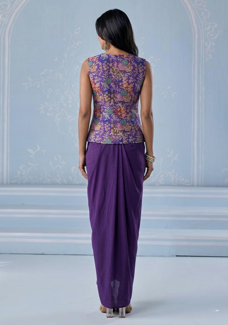 Deep Purple Embroidered Silk Blend Fusion Set - Indya