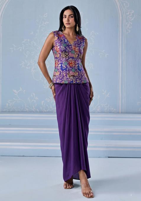 Deep Purple Printed Organza Fusion Set