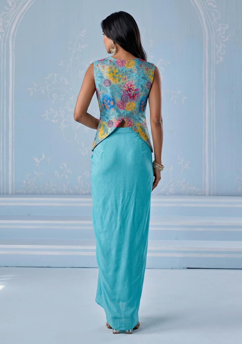 Turquoise Blue Printed Viscose Fusion Set - Indya