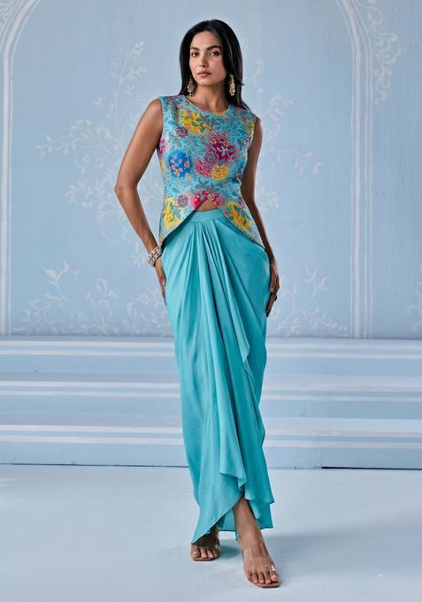 Turquoise Blue Printed Viscose Fusion Set