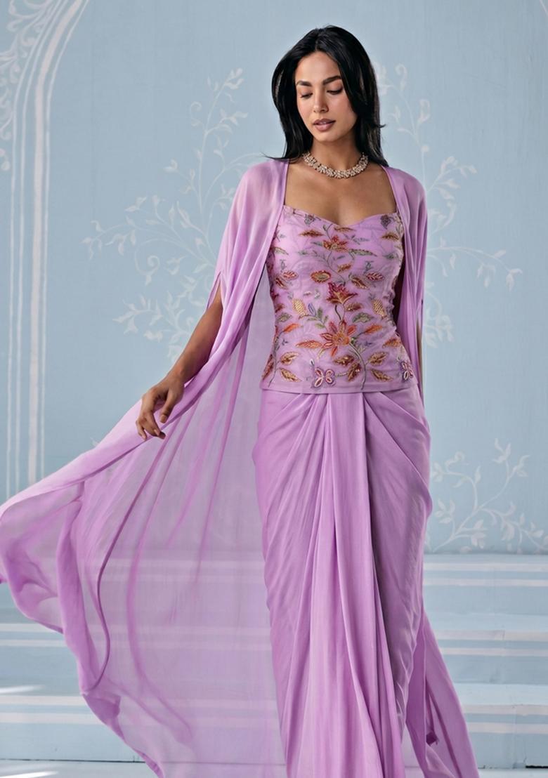 Lilac Embroidered Organza Fusion Set - Indya