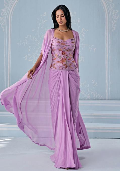 Lilac Embroidered Handwork Georgette Pre Draped Saree Set