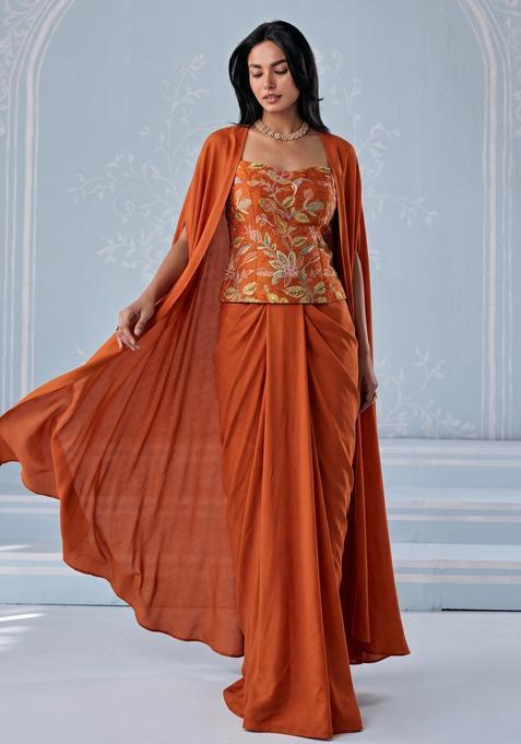Rust Embroidered Handwork Silk Blend Pre Draped Saree Set