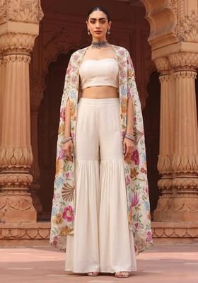 Off White Printed Organza Sharara Set