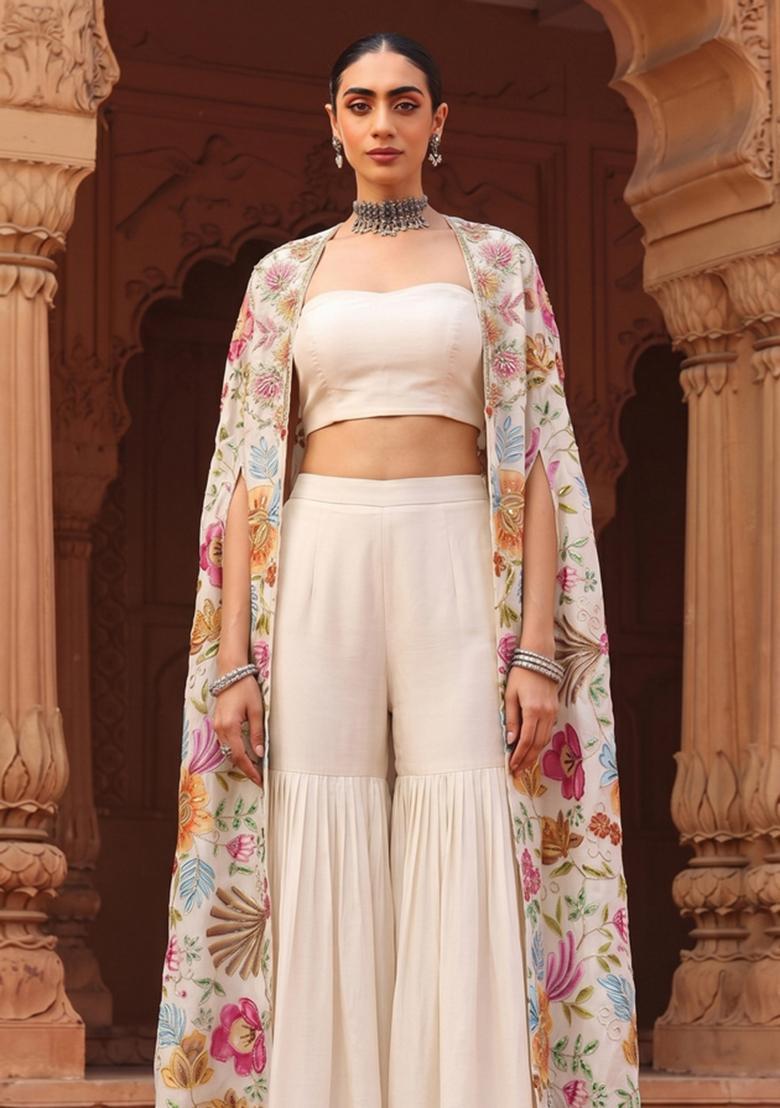 Off White Printed Organza Sharara Set - Indya