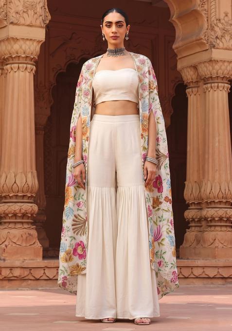 Off White Embroidered Organza Sharara Set