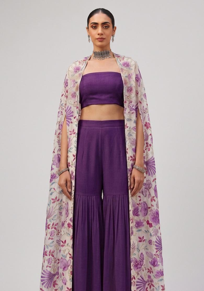 Purple Printed Organza Sharara Set - Indya
