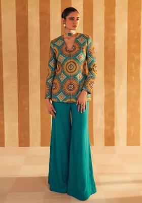 Teal Embroidered Crepe Fusion Set