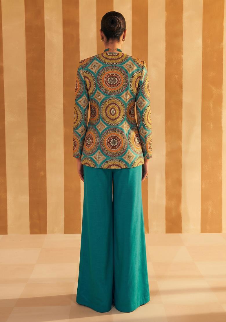 Teal Embroidered Crepe Fusion Set - Indya