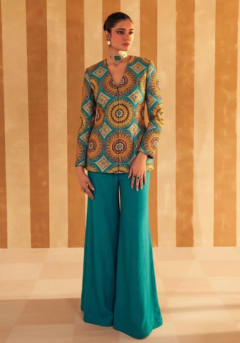 Teal Embroidered Crepe Fusion Set