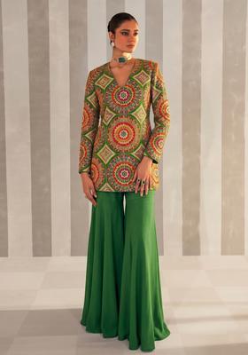 Olive Green Embroidered Crepe Fusion Set
