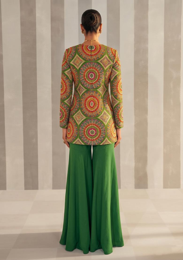 Olive Green Embroidered Crepe Fusion Set - Indya