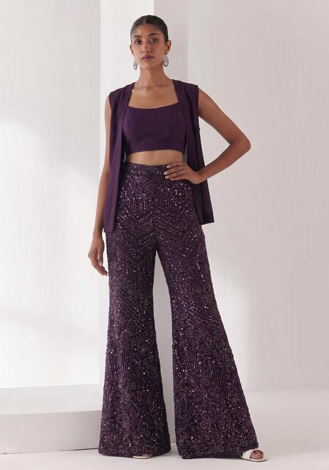 Deep Purple Sequin Work Crepe Fusion Set