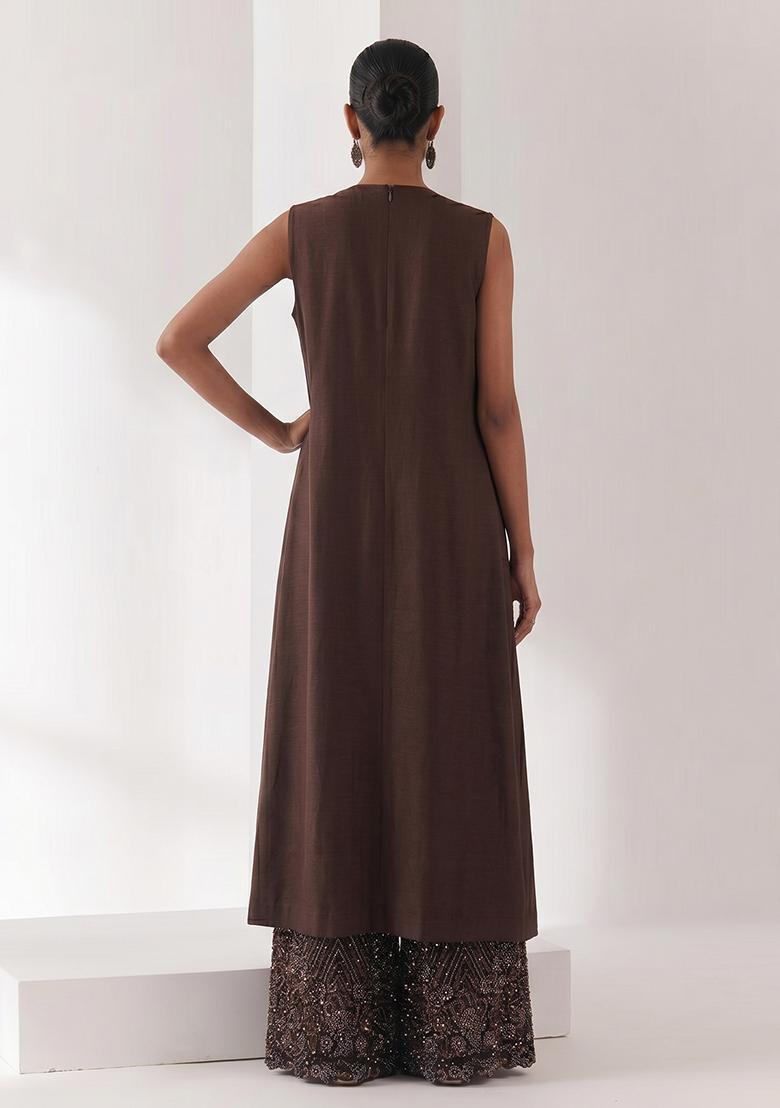Chocolate Brown Sequin Net Fusion Set - Indya