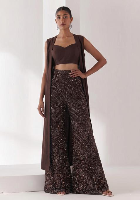 Chocolate Brown Sequin Work Silk Blend Fusion Set