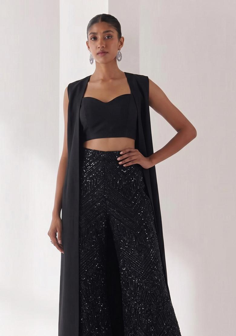 Black Sequin Net Fusion Set - Indya