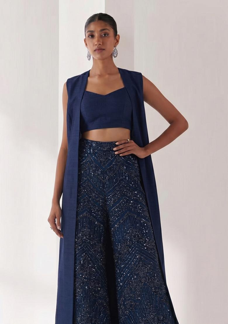 Navy Blue Embellished Net Fusion Set - Indya