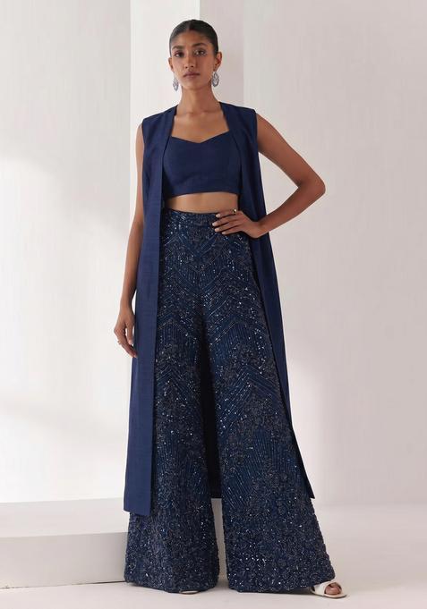 Navy Blue Embellished Silk Blend Fusion Set