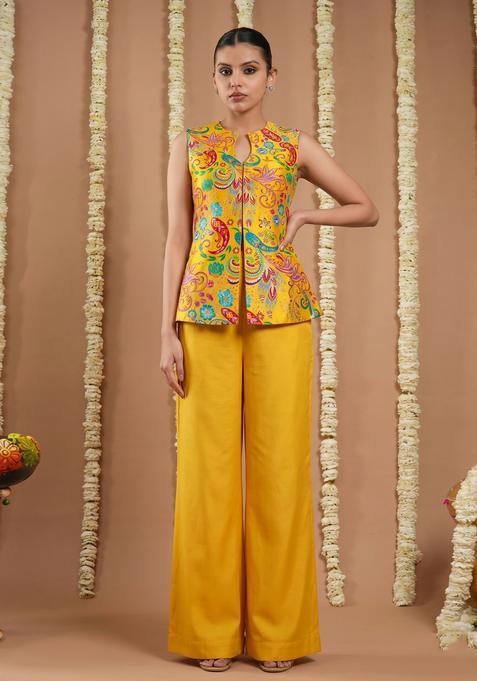 Mustard Printed Crepe Fusion Set