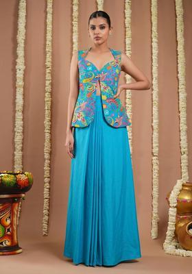 Turquoise Blue Printed Crepe Fusion Set