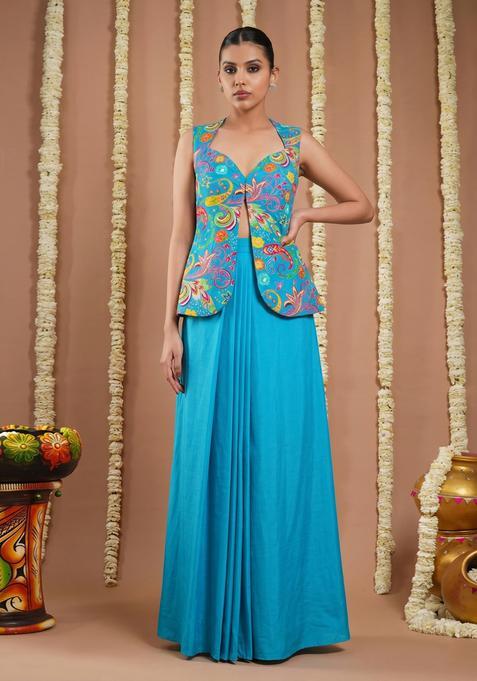 Turquoise Blue Printed Crepe Fusion Set