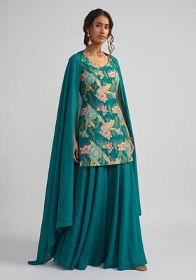Teal Embroidered Organza Fusion Set