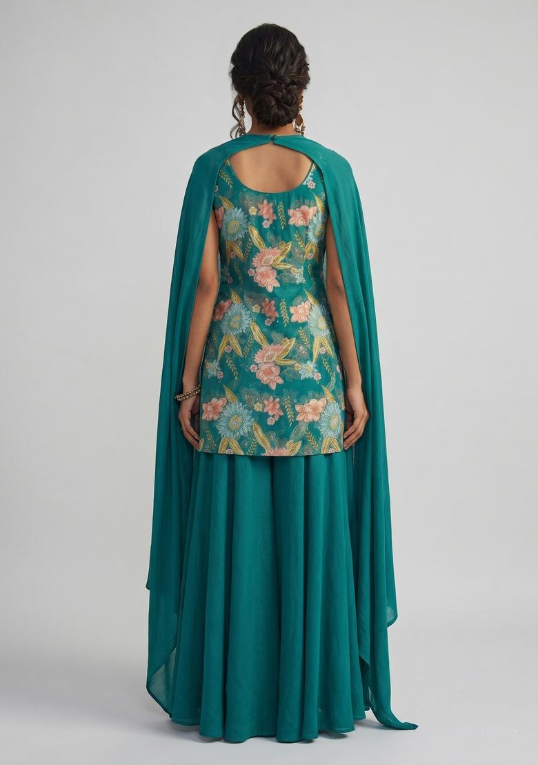 Teal Embroidered Organza Fusion Set - Indya