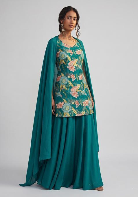 Teal Embroidered Organza Fusion Set